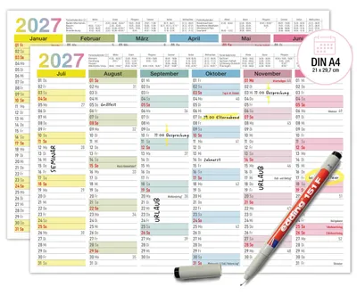 Produktbild von Tafelkalender 2027 abwischbar A4 Bunt - Wandkalender mit Ferien, Feiertagen & KW inkl. 1 Stift