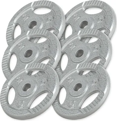 Produktbild von GORILLA SPORTS® Hantelscheiben - 30kg Set (6x5 kg) Gewichte, Tri-grip, 30mm Bohrung, aus Gusseisen, Silber - Gewichtsscheiben, Hantelscheiben-Set, Hanteln Set