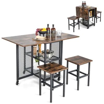 Image de Table d'appoint avec 2 chaises, pliante, avec étagères, en métal sur roulettes, pour 2 personnes, de couleur marron vintage