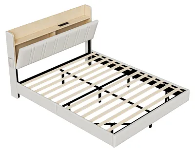 Produktbild von Polsterbett Doppelbett - Bettgestell 140×190 cm - LED Beleuchtung - Kopfteil mit Stauraum und USB - Kunstleder - Weiß - Belastbar 350 kg