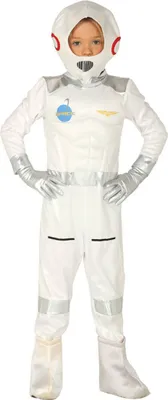 A child wearing a white astronaut costume with silver accents and a helmet.