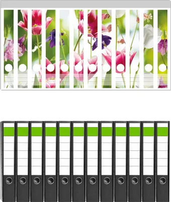 Produktbild von Wallario 12 Stück schmale Ordner inkl. Klebeetiketten mit Motive Blühende Blumen im Frühling in pink und weiß -  Set mit Rückenschildern / Ordnerrücken Stickern