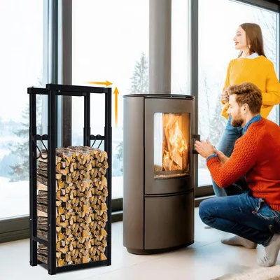 Produktbild von Eikuavons Verstellbares Kaminholzregal Brennholzregal aus Metall mit 4 Haken, Länge 40/53/65 cm, Höhe 100/125/150 cm, Breite 25 cm