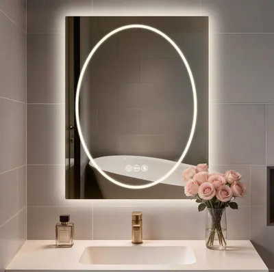 Obrázek produktu pro WISFOR LED zrcadlo do koupelny, 70x90 cm, nástěnné zrcadlo s oválným osvětlením, proti zamlžování, 3 barvy světla, stmívatelné, IP66