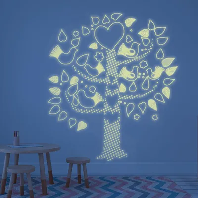 Image de Autocollants muraux, décoratifs, phosphorescents, avec un arbre et des oiseaux, multicolores.