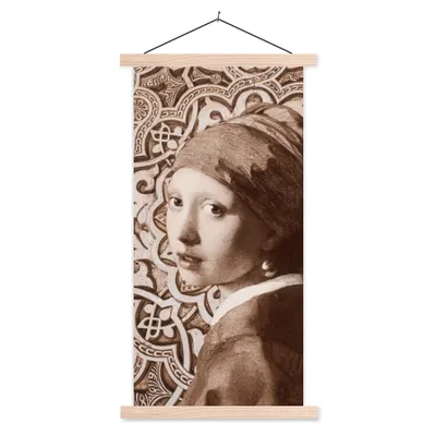 Produktbild von MuchoWow® Textilposter Das Mädchen mit dem Perlenohrring - Vermeer - Schnittmuster 60x120 cm mit holzfarbenen Rahmen - Holz