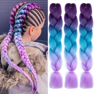 Zdjęcie produktu dla Włosy syntetyczne typu "jumbo braid" ombre, 24 cale, 100g, kolor: ciemnofioletowy/niebieski/jasnofioletowy, zestaw 3 sztuk