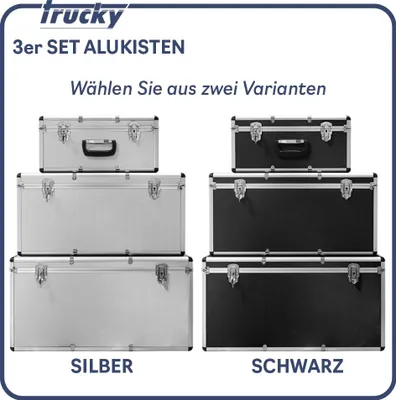 A display of two sets of three aluminum storage boxes, one set in silver and the other in black, presented side-by-side.