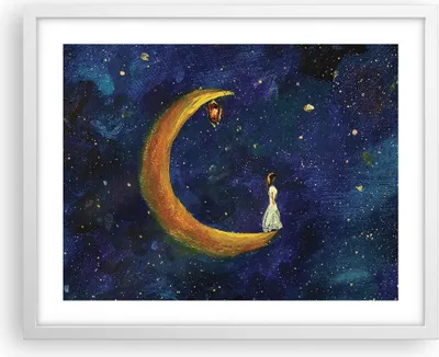 Produktbild von Gerahmtes Poster - Weißer Rahmen - Mädchen auf der Mond - 50x40 cm - Wand Bild - Wanddeko - Wandbilder - Kunstposter - Wandposter - Bilderrahmen - Bilder - Kunstdruck - P2WAA50x40-4575