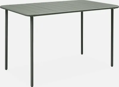 A green metal garden table with four legs is shown against a white background.