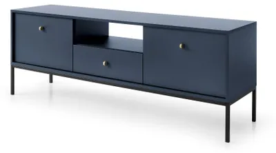 Image de Meuble TV avec un tiroir et deux portes, bleu marine, poignées noires, 154 x 39 x 57 cm