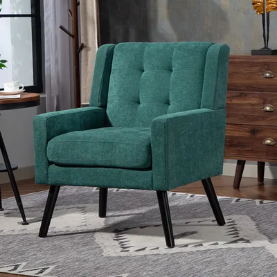 Produktbild von LVHOM Retro Polstersessel mit Holzbeinen, Skandinavischer Lesesessel aus Leinenoptik, Gesteppter Loungesessel für Wohnzimmer, Grün