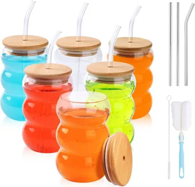Produktbild von Shendong Set von 6 Gläser mit Deckel und Strohhalmen, Küstengläser mit Bambusdeckel, stilvoll und praktisch.