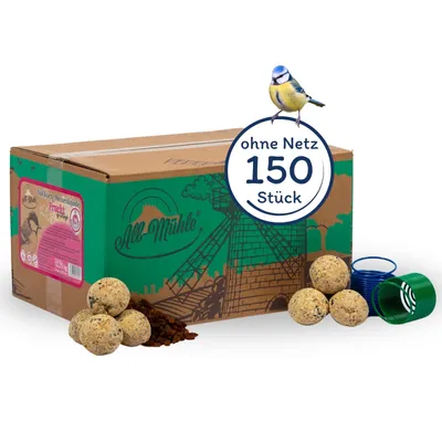 A cardboard box of bird food with bird food balls and small feeders in front of it, and a blue tit bird perched on top of a circular overlay.