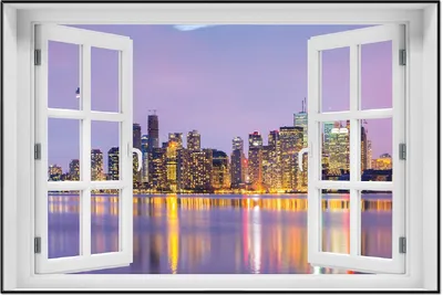 Produktbild von Wallario Wandbild mit Fenster-Illusion: Toronto Skyline - Kanada am Abend, Größe: 61 x 91,5 cm, Poster mit schwarzem Aluminiumrahmen