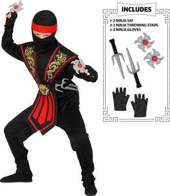 Produktbild von Ninja Kostüm mit Zubehör für Kinder | Rot Schwarz Größe: 158