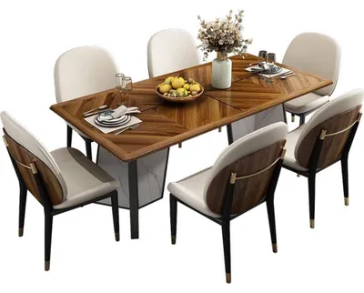 Produktbild von Tisch Esszimmer Garnitur Esstisch Stuhl Set 7tlg. Leder Edelstahl Lehn Stühle