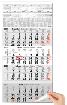 Produktbild von 4 Monatskalender 2027 Wandkalender mit rotem Datumsschieber Schulferien Feiertage 30x59 cm