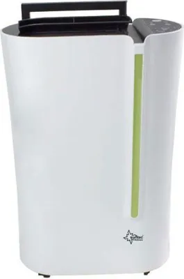A white dehumidifier with a black handle on top and a green vertical indicator on the side.