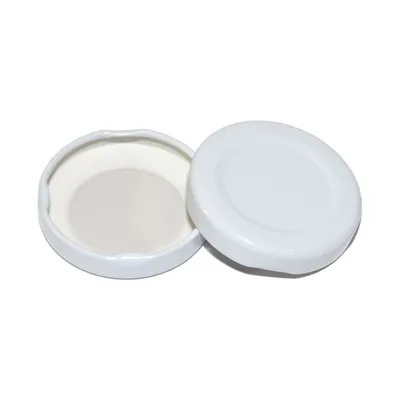 Two white jar lids are shown against a white background. One lid is open, revealing a white paper liner inside.