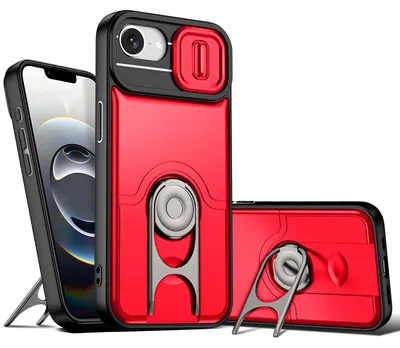 Image de Coque pour iPhone 16e / iPhone 17e avec protection pour l'appareil photo et anneau de fixation/support, coque hybride antichoc, rouge