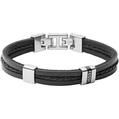 A black leather bracelet with silver accents and a clasp is displayed against a white background.
