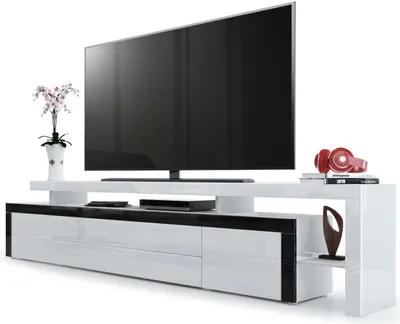 Produktbild von Vladon TV Board Lowboard Leon V3,  Germany, Korpus und Überbau in Weiß Hochglanz / Front in Weiß Hochglanz mit Rahmen in Schwarz Hochglanz (227 x 52 x 35 cm)