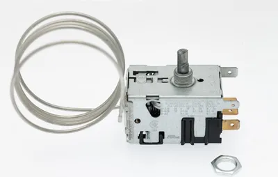 A refrigerator thermostat with a coiled capillary tube and a mounting nut on a white background.