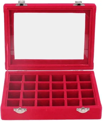 Immagine prodotto di Organizzatore per gioielli in velluto Unyqoos® con coperchio in vetro trasparente, 24 scomparti, struttura in legno, dimensioni 20 x 15 x 4,6 cm, ideale per anelli, orecchini, collane e braccialetti