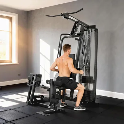 Produktbild von SUGIFT Fitnessstation All-in-One, Kraftstation mit Latzug und Beinpresse, Stahl Kunstleder, Schwarz  |  bis 120 kg  |  65 kg Gewichtsblock  |  162x162x210 cm