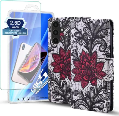 Produktbild von Handy Hülle für Samsung Galaxy A16 / A16 5G mit 9H Displayglas Klapphülle Bookcase Flip Cover Handy Tasche Etui Motiv: Seerose Blumen
