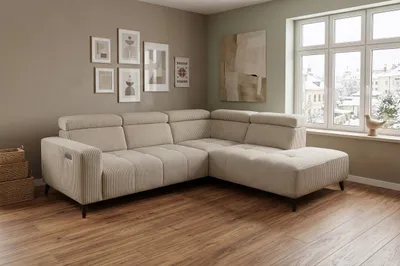 Produktbild von Ecksofa "Velvet" Cord Hellbraun – Elektrische Relaxfunktion – Verstellbare Kopfstützen – Modernes Ecksofa für Wohnzimmer