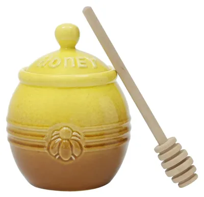 Zdjęcie produktu dla Ceramiczny słoik na miód z drewnianą łyżką i pokrywką
