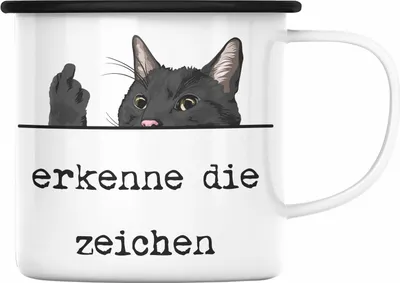 Produktbild von Trendation - Erkenne Die Zeichen Emaille Tasse Katze Katzenliebhaber Mittelfinger Geschenk für Frauen Kollegin (Schwarz)