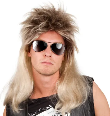 A man wearing a blond mullet wig and sunglasses, posing for a product shot.