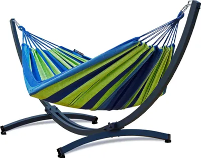 Produktbild von Potenza Outdoor Hängematte mit Tytan Gestell für 2 Personen I Baumwolle Doppelhängematte XXL 220x160, 200kg I Hängemattengestell 350 kg, wetterfest