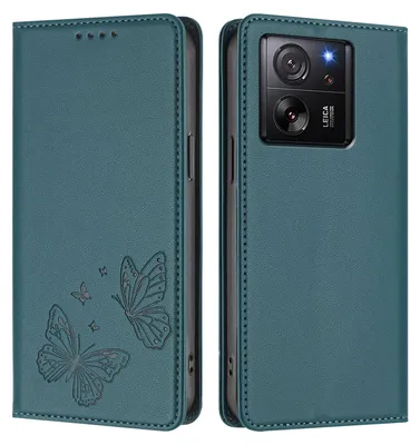 Obrázek produktu pro Kožené pouzdro pro Xiaomi 13T /Xiaomi 13T Pro, motýlí ražbou, peněženkové flip pouzdro se stojánkem Zelená