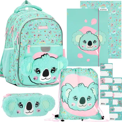 Produktbild von KOALA SCHULSTARTERPAKET für ein Mädchen: verstärkter Rucksack, Federmäppchen, Schuhsack, 2 STÜCK Mappen mit Gummiband, Aufkleber