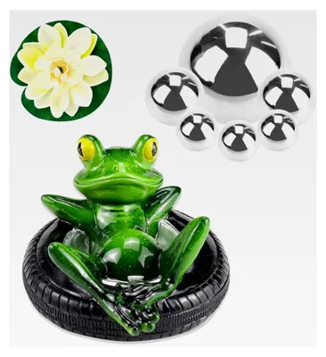 Produktbild von Deko-Set für Miniteich mit Schwimmfrosch, 6 Dekokugeln in Silber und 2 Lotusblüten