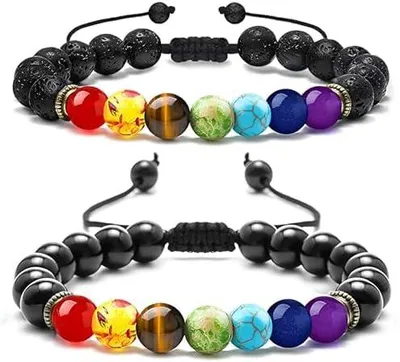 Produktbild von 2 Stück Chakren Lava Armbänder, 7 Chakren Steinperlen Armbänder, Geflochtene Heilende Chakra Armbänder für Männer und Frauen, Yoga Meditation Geburtstagsgeschenk