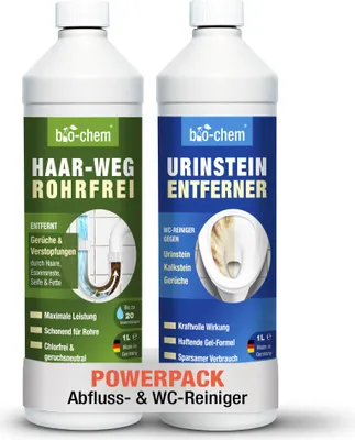 Produktbild von bio-chem Badezimmer Reinigungsset 2-teilig: Haar-Weg Abflussreiniger 1 l + Urin- und Kalksteinentferner 1 l - Rohrreiniger, WC-Reiniger, Kalkentferner, Geruchsneutralisierer, Geruchsbekämpfer