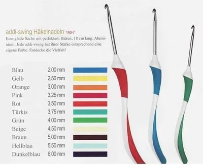 A display of different colored crochet hooks with a chart showing their sizes and corresponding colors.