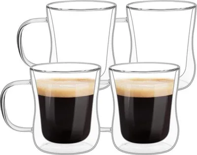 Image de Lot de 4 tasses à café en verre à double paroi - Verres en borosilicate résistants à la chaleur - 350 ml - Poignée - Café, cappuccino, latte - Boissons chaudes et froides - Lot de tasses à café