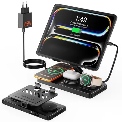 Produktbild von 4-in-1 Ladestation für Apple – Magnetisches Induktionsladegerät mit Einziehbarem Kabel für iPhone, iPad, Apple Watch & AirPods, Metall Schwarz