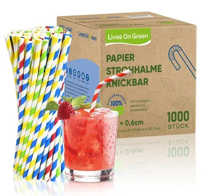 Produktbild von Papierstrohhalme Bunte Streifen Flexibel 19,7 x 0,6 cm 250 Stück biologisch abbaubar