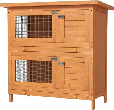 Imagen del producto de Jaula de dos pisos de madera para 2 conejos enanos, de 90 x 45 x 90 cm, color amarillo