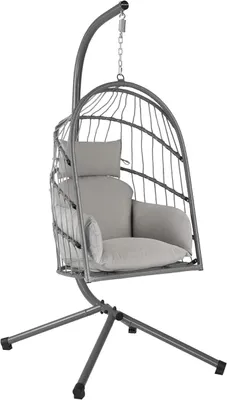 Produktbild von Hängesessel mit Gestell | Grau | Hängeschaukel für Indoor und Outdoor | Inkl. Kissen und Auflagepolster | Balkon Hängesessel Outdoor, Gartenschaukel, Schaukelstuhl, Hängekorb