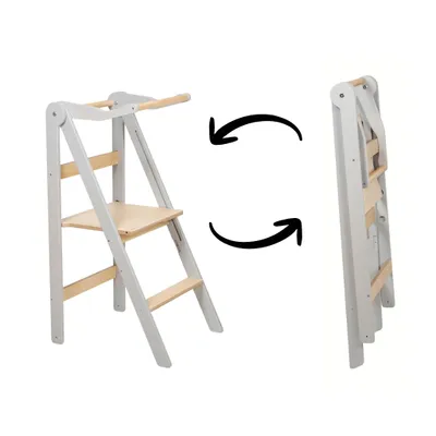 Image de leg&go Tour d’apprentissage pliable en bois avec barre de sécurité, Gris pastel