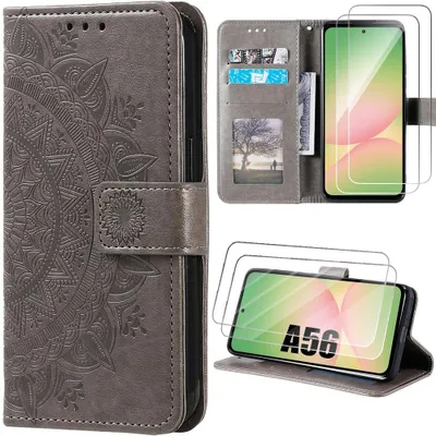 Image de Coque + 2 Verres Trempés pour Samsung Galaxy A56 5G, Anti-Rayures Protection 360 Degré Effet Cuir Marron Motif Mandala