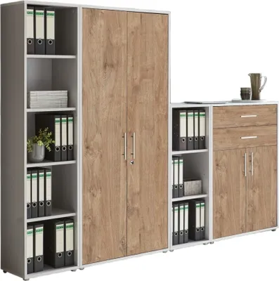 Produktbild von Aktenschrank TABOR 22 in lichtgrau / Gold Harbor Oak, Schrankwand, Büroschrank, abschließbar, Metallgriffe